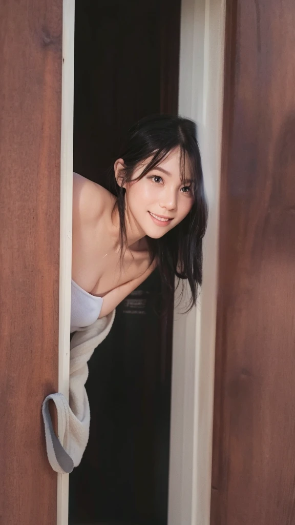 beautiful detailed eyes, no eye's make up, no lips, beautiful detailed lips, extremely detailed eyes and face, long eyelashes, 1 girl, looking at viewer, shy smile, wrap the towel, soaked, soaked hair, swimsuit, bikini, outdoors, black eyes, small breasts, wet hair, no makeup, bashful, string bikini, brake, full-body horizontal photo, face facing the viewer, looking at the viewer with a shy smile, Canon EOS, clear facial features, 16K, high resolution, sharp and realistic details, super high resolution, highest quality