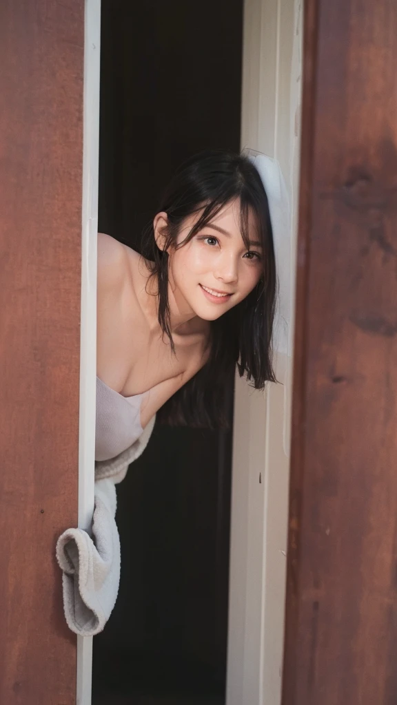 beautiful detailed eyes, no eye's make up, no lips, beautiful detailed lips, extremely detailed eyes and face, long eyelashes, 1 girl, looking at viewer, shy smile, wrap the towel, soaked, soaked hair, swimsuit, bikini, outdoors, black eyes, small breasts, wet hair, no makeup, bashful, string bikini, brake, full-body horizontal photo, face facing the viewer, looking at the viewer with a shy smile, Canon EOS, clear facial features, 16K, high resolution, sharp and realistic details, super high resolution, highest quality