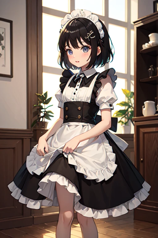 Highest quality、Black Hair、Iris、short hair、girl、cute、16 years old、、Small hair ornament、1 person、Cosplay、Classic maid outfit、Long skirt、Embarrassed look、