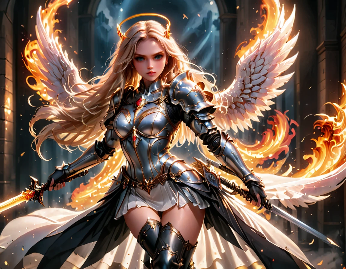 a ((medieval masterwork fresco art: 1.5)) Italian renaissance style, of a 1female angel knight, spread angelic wings, glowing halo soft light, full body shot, ultra detailed face, determined expression, angel of justice and vengeance, blond hair, long hair, dynamic hair style, (wearing armor: 1.2), intricate details, wearing (thigh high heeled boots: 1.1) , (holding divine sword: 1.3), flaming sword, intense details, masterwork sword, dynamic background(Masterpiece: 1.5), Vibrant, Ultra-high resolution, High Contrast, (masterpiece:1.2), highest quality, Best aesthetics), best details, best quality, highres, ultra wide angle, 16k, [ultra detailed], masterpiece, best quality, (extremely detailed), intense gaze, faize, raging nebula, Saint,  drc_style