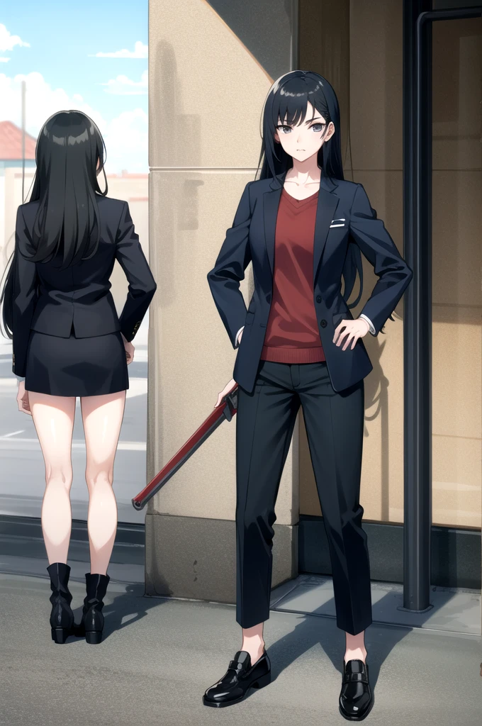 tall body, tall, long legs, mature female, mature, adult, eft_jjk_maki, 1girl, without glasses, black hair, hand on hip, loose hair, jacket, weapon, long hair, bangs, holding, outdoors