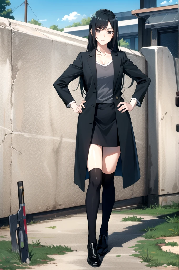 tall body, tall, long legs, mature female, mature, adult, eft_jjk_maki, 1girl, without glasses, black hair, hand on hip, loose hair, jacket, weapon, long hair, bangs, holding, outdoors