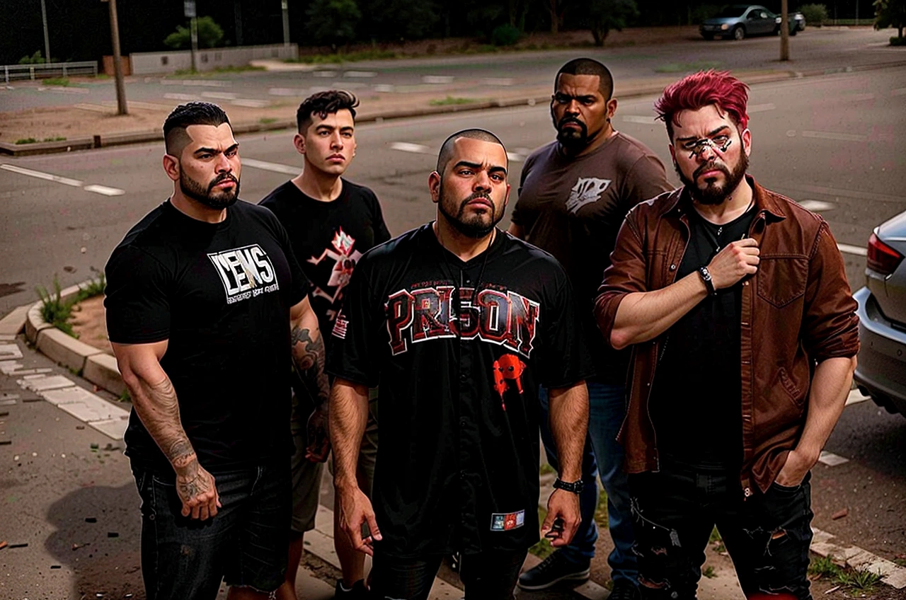 several men standing in a parking lot with one man with a red mohawk, aggressive look, eloy band, slaughterhouse, band promo, portrait image, profile image, pro - vida, band promo photo, menacing look, photo shoot, são paulo, promotional shot, proto - metal band promo, puerto rico, by Nándor Katona