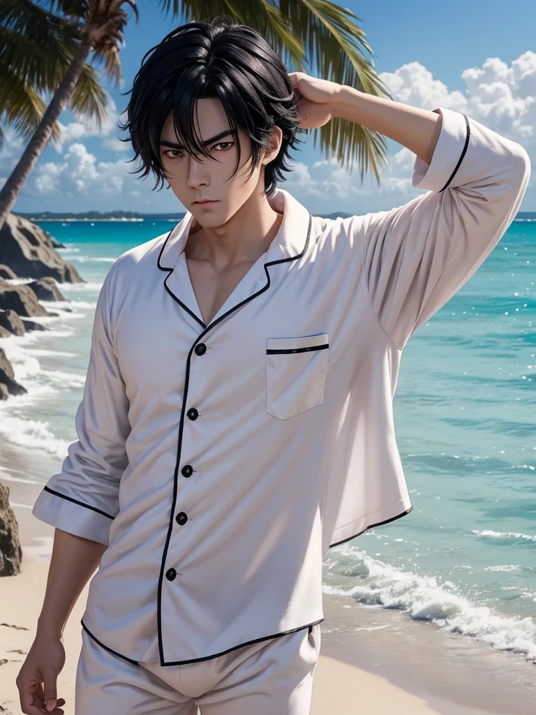 Create a single photo male anime character image,similar to a ,black hair,fluffy body,Caucasian skin,cute pajamas,with an angry face,with beach background