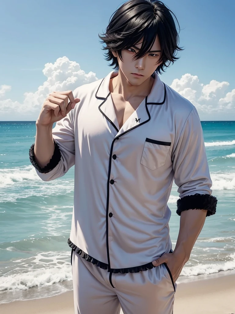 Create a single photo male anime character image,similar to a ,black hair,fluffy body,Caucasian skin,cute pajamas,with an angry face,with beach background