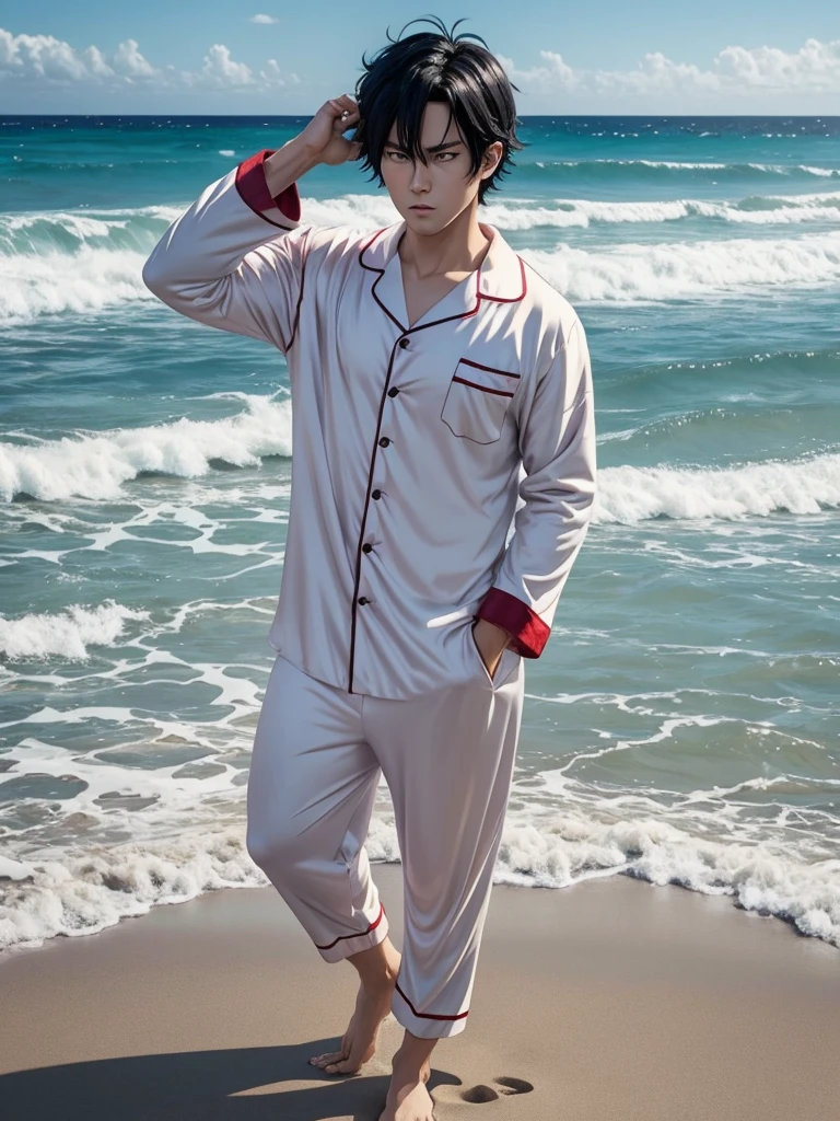 Create a single photo male anime character image,similar to a ,black hair,fluffy body,Caucasian skin,cute pajamas,with an angry face,with beach background