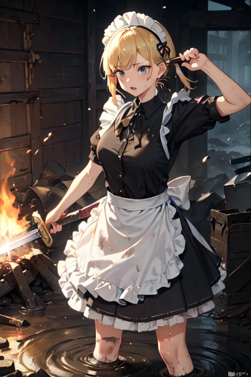 (((Highest quality))), ((masterpiece)), (((detailed))), (((Attention to detail))), One girl, cute, Blonde, Blonde碧眼, Small breasts, ((Black maid outfit, White apron, Headband, The skirt is long)), (((A girl in a maid outfit is fighting with a large sword))), Has a big sword, ((Western design sword)), (((The sword is held by a stick.))), ((燃えているbattlefield1.6)), wasteland, fierce fighting, Fierce Battle, Intense Battle, A Close Battle, battlefield, sparks, Enemy, Tsuba competition, Slashing, (((Soot and mud, 服やエプロンがdirty, dirty, 全身がdirty, Tattered 1.6))), (((Soot and mud, メイド服がdirty, エプロンがdirty, My clothes are in tatters, ))), ((My clothes are covered in soot, Covered in mud, Covered in charcoal, )), ((The skirt is torn to shreds)), ((The apron is torn to shreds, Torn)), 