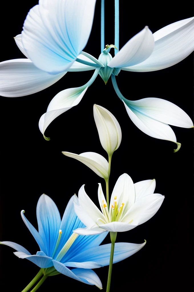 A background of white and bluish Lilly flower hanged in a black space