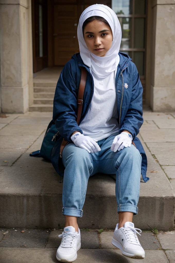 ((best quality)), ((masterpiece)), (detailed), 1girl, clothes Muslim, blue jacket, gloves, trousers, white shoes, carrying flowers, on campus, sit