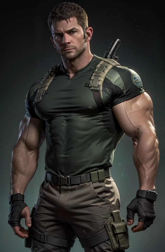 1 person, alone, 35 years old, chris redfield, Wearing a green T-shirt, serious face, looking at camera, Shoulder White，bsaa logo on shoulder, military tactics, equipment, (2 hands holding a pistol), tall and strong, biceps, abdominal muscles, Chest, best quality, masterpiece, High resolution:1.2, upper body shot, Pitch-black corridors，No background