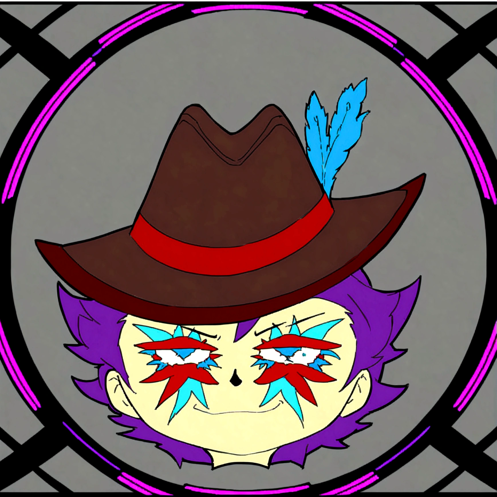It is a smiling character who is a clown type and has a hat and painted face.