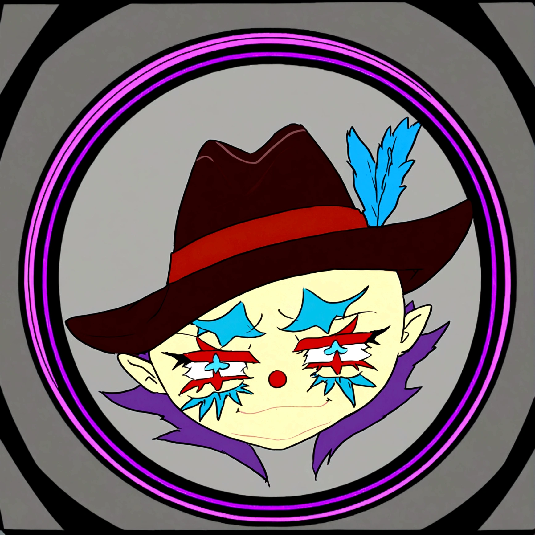 It is a smiling character who is a clown type and has a hat and painted face.