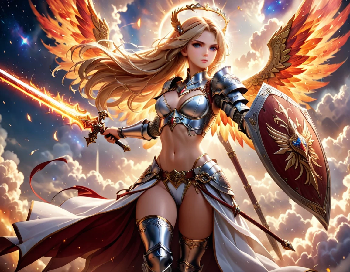 a ((medieval masterwork fresco art: 1.5)) Italian renaissance style, of a 1female angel knight, spread angelic wings, glowing halo soft light, full body shot, ultra detailed face, determined expression, angel of justice and vengeance, blond hair, long hair, dynamic hair style, (wearing armor: 1.2), intricate details, wearing (thigh high heeled boots: 1.1) , (holding divine sword: 1.3), flaming sword, intense details, masterwork sword, dynamic background(Masterpiece: 1.5), Vibrant, Ultra-high resolution, High Contrast, (masterpiece:1.2), highest quality, Best aesthetics), best details, best quality, highres, ultra wide angle, 16k, [ultra detailed], masterpiece, best quality, (extremely detailed), intense gaze, faize, raging nebula, Sword and shield, drc_style, Cinematic Hollywood Film