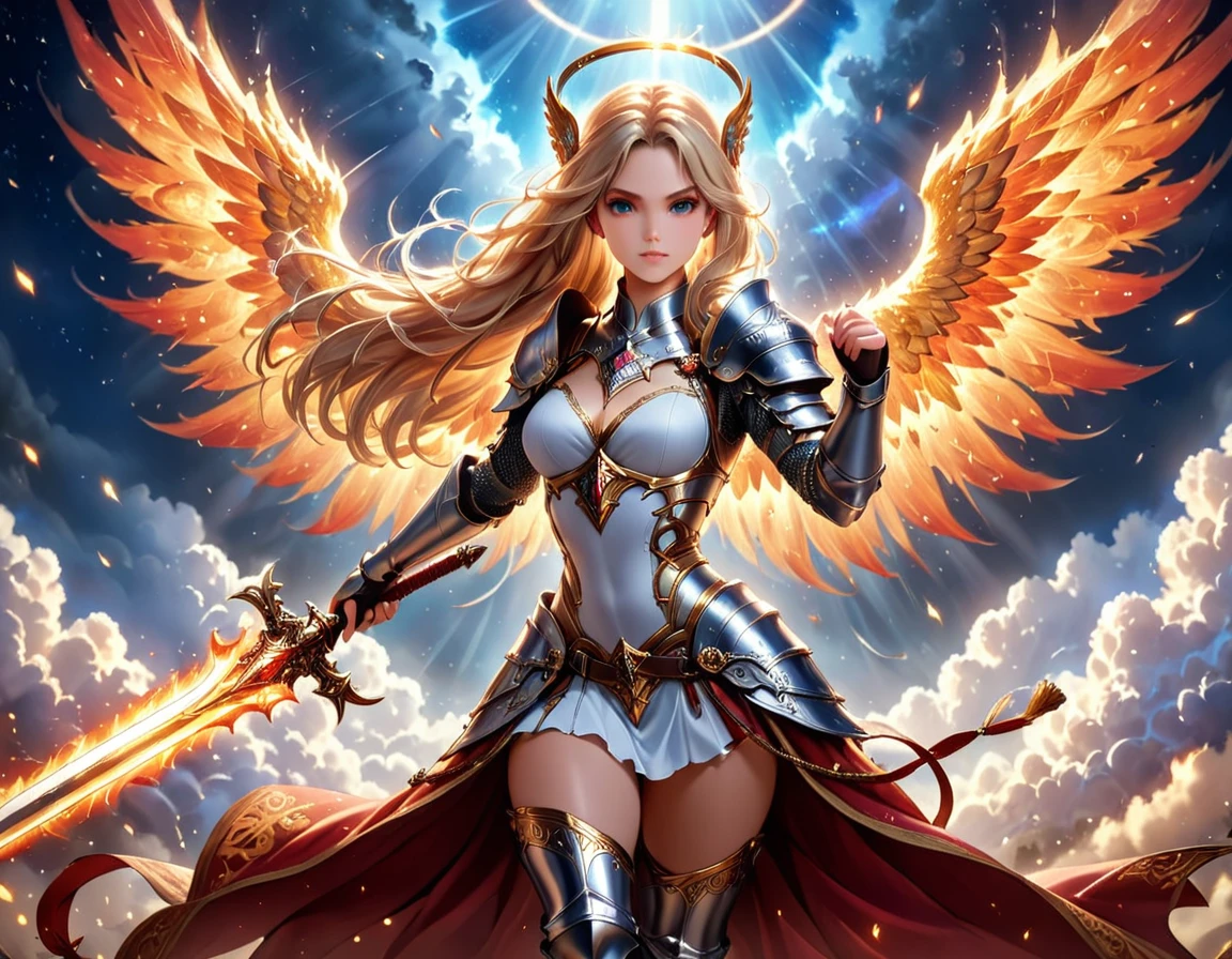 a ((medieval masterwork fresco art: 1.5)) Italian renaissance style, of a 1female angel knight, spread angelic wings, glowing halo soft light, full body shot, ultra detailed face, determined expression, angel of justice and vengeance, blond hair, long hair, dynamic hair style, (wearing armor: 1.2), intricate details, wearing (thigh high heeled boots: 1.1) , (holding divine sword: 1.3), flaming sword, intense details, masterwork sword, dynamic background(Masterpiece: 1.5), Vibrant, Ultra-high resolution, High Contrast, (masterpiece:1.2), highest quality, Best aesthetics), best details, best quality, highres, ultra wide angle, 16k, [ultra detailed], masterpiece, best quality, (extremely detailed), intense gaze, faize, raging nebula, Sword and shield, drc_style, Cinematic Hollywood Film