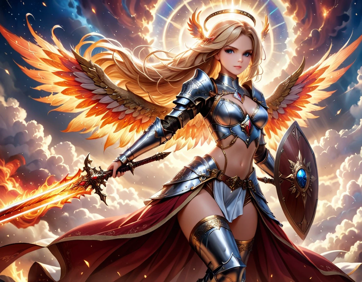 a ((medieval masterwork fresco art: 1.5)) Italian renaissance style, of a 1female angel knight, spread angelic wings, glowing halo soft light, full body shot, ultra detailed face, determined expression, angel of justice and vengeance, blond hair, long hair, dynamic hair style, (wearing armor: 1.2), intricate details, wearing (thigh high heeled boots: 1.1) , (holding divine sword: 1.3), flaming sword, intense details, masterwork sword, dynamic background(Masterpiece: 1.5), Vibrant, Ultra-high resolution, High Contrast, (masterpiece:1.2), highest quality, Best aesthetics), best details, best quality, highres, ultra wide angle, 16k, [ultra detailed], masterpiece, best quality, (extremely detailed), intense gaze, faize, raging nebula, Sword and shield, drc_style, Cinematic Hollywood Film