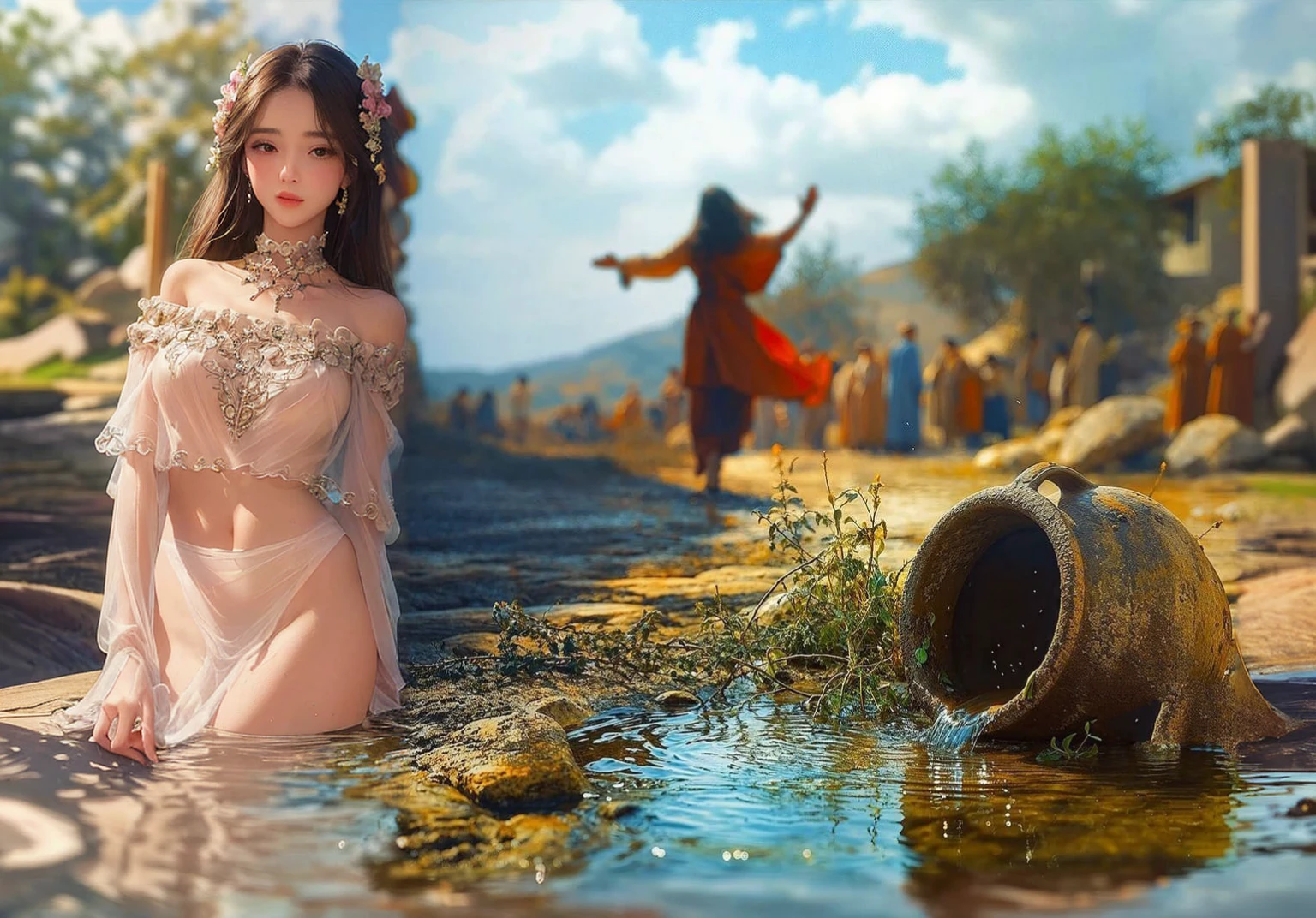 (best quality, masterpiece), 1girl, intricate details, off shoulder, skirt, choker, frills, see-through, looking at viewer, blush, upper body, blurry background, floral print, contrapposto