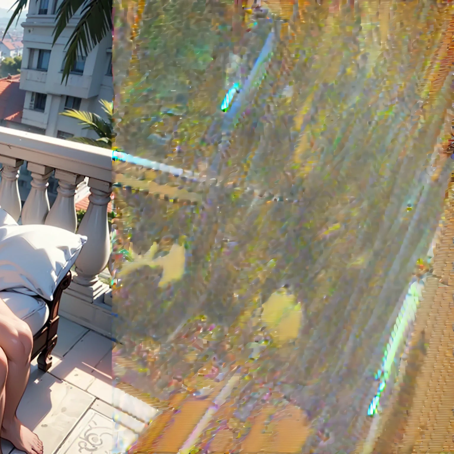 (((hotel balcony))),(((city))),(((river in background)))