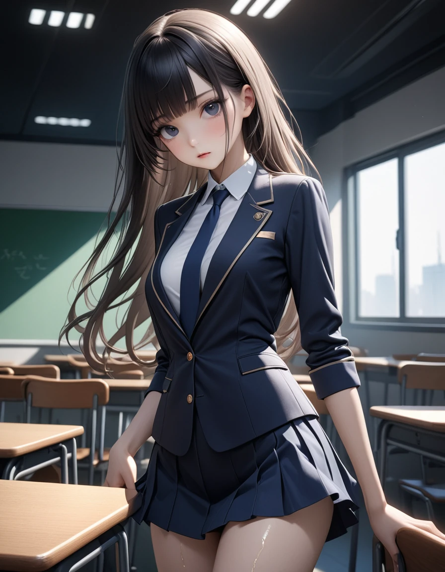 best quality, masterpiece, high resolution,cowboy shot,1woman,25 year old beauty,black hair,long hair,blunt bangs,black eyes,gorgeous eyes,shy,Academy服、Navy blue tie、Dark blue blazer jacket,Navy blue mini skirt、medium breasts, skinny,slender body,lifelike,Side lighting,  (oily skin:1.2), 8K Ultra HD, Soft Light, high quality,photography, high resolution, 8K,classroom、Academy、