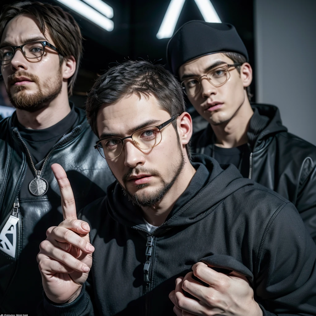Create a character with these characteristics: naughty man, offwhite, with beard, soldier style haircut, wearing modern glasses and black clothes. In the background of the image behind him with giant symbols of Bitcoin and ethereum.
