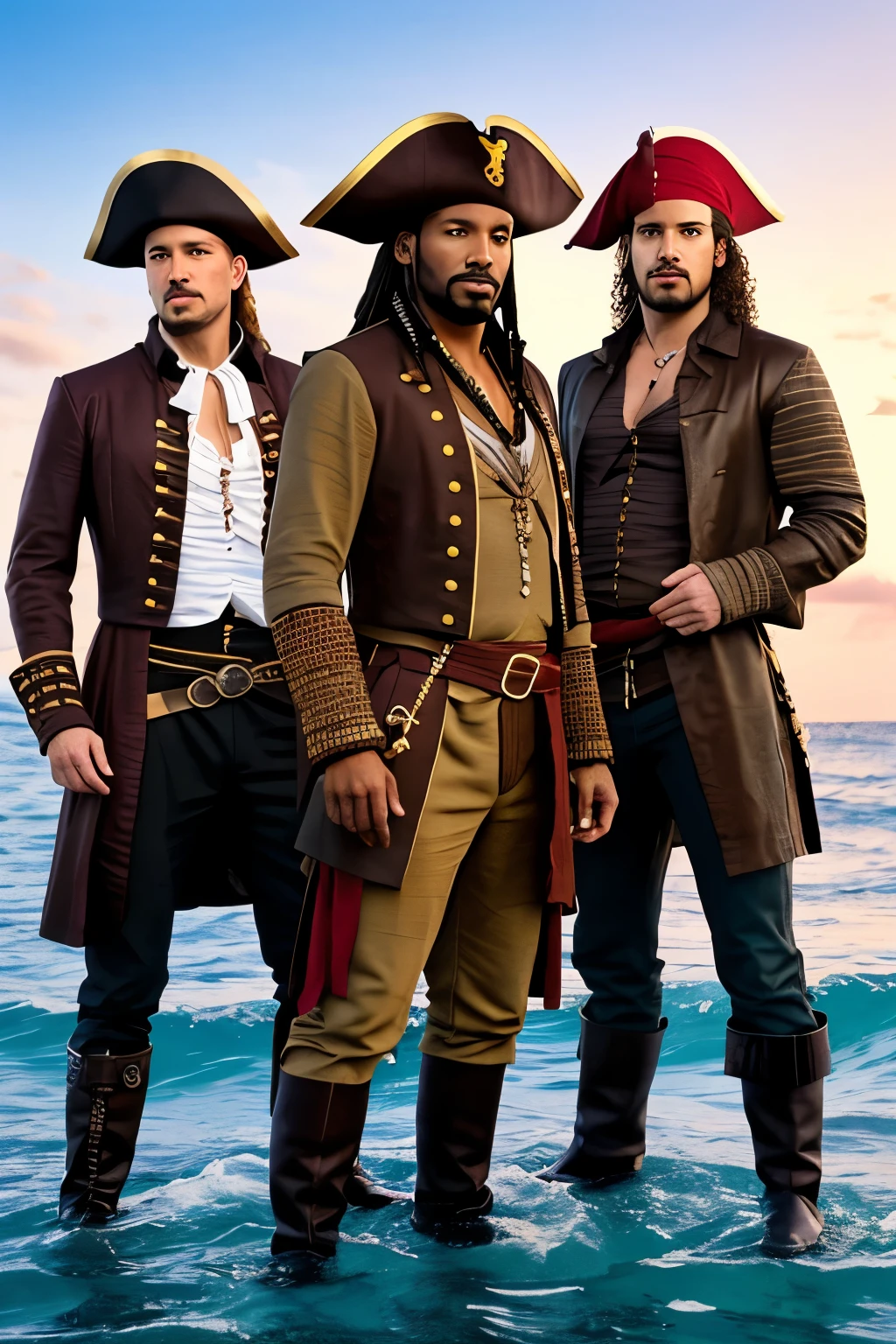 Make a realistic image, detailed in its execution, featuring three adult pirates as its main subjects. The first pirate is a black man with short, tightly-coiled hair, radiating an air of authority and camaraderie. His friend, sporting very white skin and light brown short curly hair, exudes a jovial and adventurous spirit. The third pirate is a white man with dark brown wavy hair, exuding a sophisticated yet rugged charm. All three have brown eyes that spark with a shared sense of camaraderie and adventure. They are depicted on your ship, their shoulders broad and muscles rippling as they go about their duties as loyal friends and skilled pirates. The image