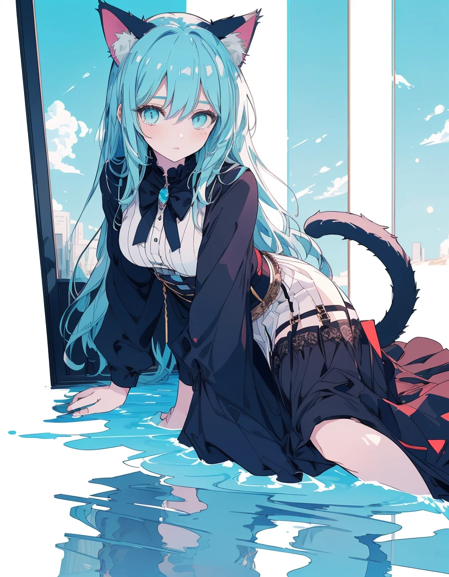 full body, water mirror lake, ((masterpiece, best quality:1.5)), ((Beautiful detailed cat aqua eyes:1.2)), cat ears, pale skin, medium breasts, beautiful hands, beautiful fingers, EasyNegative