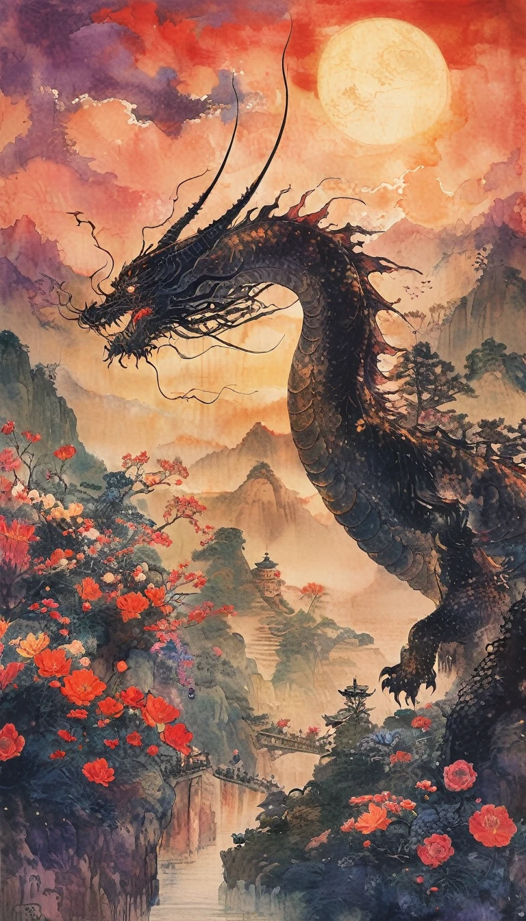 A white dragon lies in the middle of an endless field of purple flowers., Snow Capped Mountain々and、Golden sunset light surrounded by sparkling blue sky. The whole scene is filled with a dream-like atmosphere., with vibrant colors and detailed background elements rendered in high resolution and detailed in a top quality illustration style. 黒い髪and白い目をした少女, Dressed in darkness , Standing next to an anthropomorphic tiger, 二人andもカメラを見ている. The background features an intricate pattern of flowers and leaves.., 黒を基調andした, Shooting from a low angle, High resolutionand高精細, a masterpiece 、(Highest quality,4K,8K,High resolution,masterpiece:1.2),Very detailed,(Realistic,photoRealistic,photo-Realistic:1.37),Hot thick succubus mom with long black hair, Black lips, She is wearing a revealing black leather outfit with a BDSM theme... Her outfit consists of a seductive bustier, accentuate her voluptuous figure. Her skin is a captivating shade of fiery red, Exudes a devilish charm. A pair of majestic demon wings gracefully grow from her back.., Exquisitely painted patterns. On her head, She has magical tiefling horns, Embodying a different dimension. The artwork should capture her captivating aura.., 彼女の自信and強さを示す. The lighting of the scene should accentuate the seductive curves of her body.., ドラマチックな影andハイライトを投影する. カラーパレットは暗さand欲望の感覚を呼び起こすものでなければならない., Rich black contrast, red, deep chestnut color.