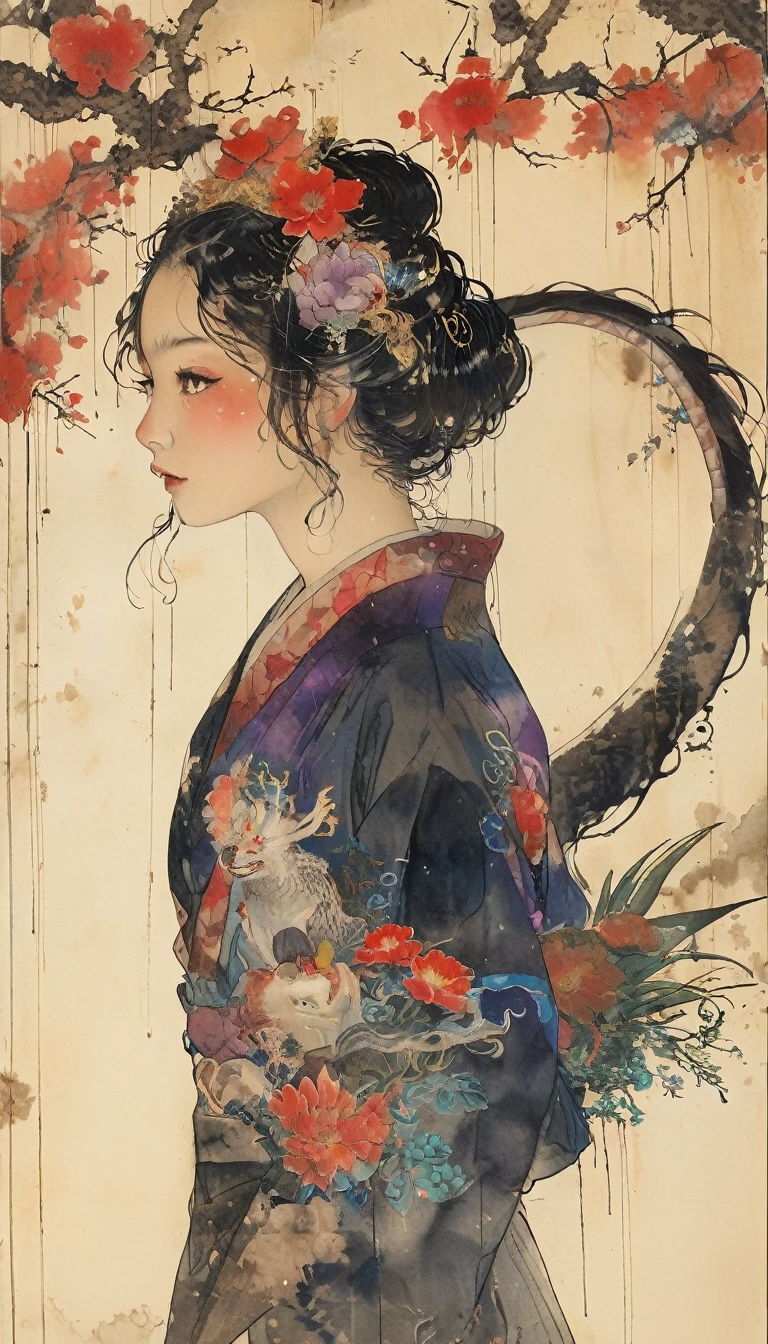 A white dragon lies in the middle of an endless field of purple flowers., Snow Capped Mountain々and、Golden sunset light surrounded by sparkling blue sky. The whole scene is filled with a dream-like atmosphere., with vibrant colors and detailed background elements rendered in high resolution and detailed in a top quality illustration style. 黒い髪and白い目をした少女, Dressed in darkness , Standing next to an anthropomorphic tiger, 二人andもカメラを見ている. The background features an intricate pattern of flowers and leaves.., 黒を基調andした, Shooting from a low angle, High resolutionand高精細, a masterpiece 、(Highest quality,4K,8K,High resolution,masterpiece:1.2),Very detailed,(Realistic,photoRealistic,photo-Realistic:1.37),Hot thick succubus mom with long black hair, Black lips, She is wearing a revealing black leather outfit with a BDSM theme... Her outfit consists of a seductive bustier, accentuate her voluptuous figure. Her skin is a captivating shade of fiery red, Exudes a devilish charm. A pair of majestic demon wings gracefully grow from her back.., Exquisitely painted patterns. On her head, She has magical tiefling horns, Embodying a different dimension. The artwork should capture her captivating aura.., 彼女の自信and強さを示す. The lighting of the scene should accentuate the seductive curves of her body.., ドラマチックな影andハイライトを投影する. カラーパレットは暗さand欲望の感覚を呼び起こすものでなければならない., Rich black contrast, red, deep chestnut color.