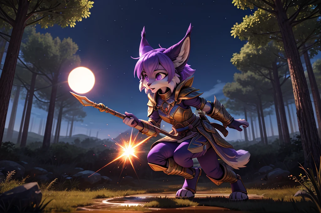 tall, slim, anthropomorphic lynx sorceress, distinctly feminine figure, detailed face, thick, fluffy, volumetric purple fur, lilac bob with bangs, violet eyes. curved horns, minimalist armor with energy lines, magic staff directed at enemies, lunge forward, powerful combat spell gathering energy on tip of staff, enemy soldiers fleeing, barren muddy field, orange solar eclipse, a few clouds, trees, darkened sky, purple from spell and orange from eclipse contrast, 3D animation