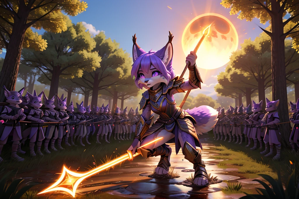 tall, slim, anthropomorphic lynx sorceress, distinctly feminine figure, detailed face, thick, fluffy, volumetric purple fur, lilac bob with bangs, violet eyes. curved horns, minimalist armor with energy lines, magic staff directed at enemies, lunge forward, powerful combat spell gathering energy on tip of staff, enemy soldiers fleeing, barren muddy field, orange solar eclipse, a few clouds, trees, darkened sky, purple from spell and orange from eclipse contrast, 3D animation