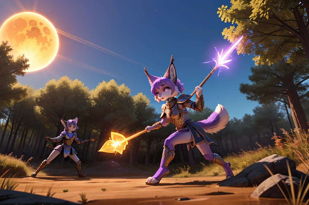 tall, slim, anthropomorphic lynx sorceress, distinctly feminine figure, detailed face, thick, fluffy, volumetric purple fur, lilac bob with bangs, violet eyes. curved horns, minimalist armor with energy lines, magic staff directed at enemies, lunge forward, powerful combat spell gathering energy on tip of staff, enemy soldiers fleeing, barren muddy field, orange solar eclipse, a few clouds, trees, darkened sky, purple from spell and orange from eclipse contrast, 3D animation