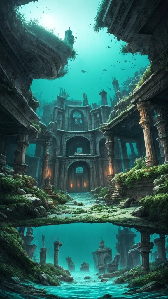 a dark and eerie looking underwater scene with a large building, underwater temple, dark city ruins, dark fantasy setting, undersea temple, underwater city, an underwater city, beautiful and mysterious, dark fantasy world, dark fantasy environment, dark fantasy atmosphere, magical environment, dark ruins landscape, beautiful with eerie vibes, futuristic ruins, ancient magical overgrown ruins