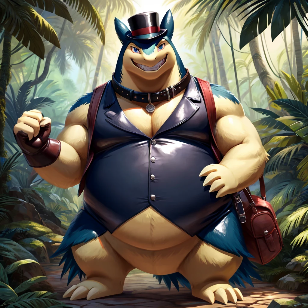 Male, fat, extremely obese, gentleman, Typhlosion, blue eyes, (posing:1.3), (soft shading), 4k, hi res, ((detailed face, detailed)), looking at viewer, evil grin, jungle, forest, shirt, top hat, male focus, Explorer Outfit, glasses, bag, vest, backpack, sleeves rolled up, round eyewear, brown headwear, brown vest, Typhlosion is wearing a glossy leather dog collar around the neck, Typhlosion is wearing the leather collar and shirt and vest at the same time, Typhlosion is wearing glossy white rubber gloves on the hands, wearing white rubber gloves on the feet, gloves are rubber in texture, clenching teeth, clenching fists, leather collar is glossy and shiny with a lot of detail.