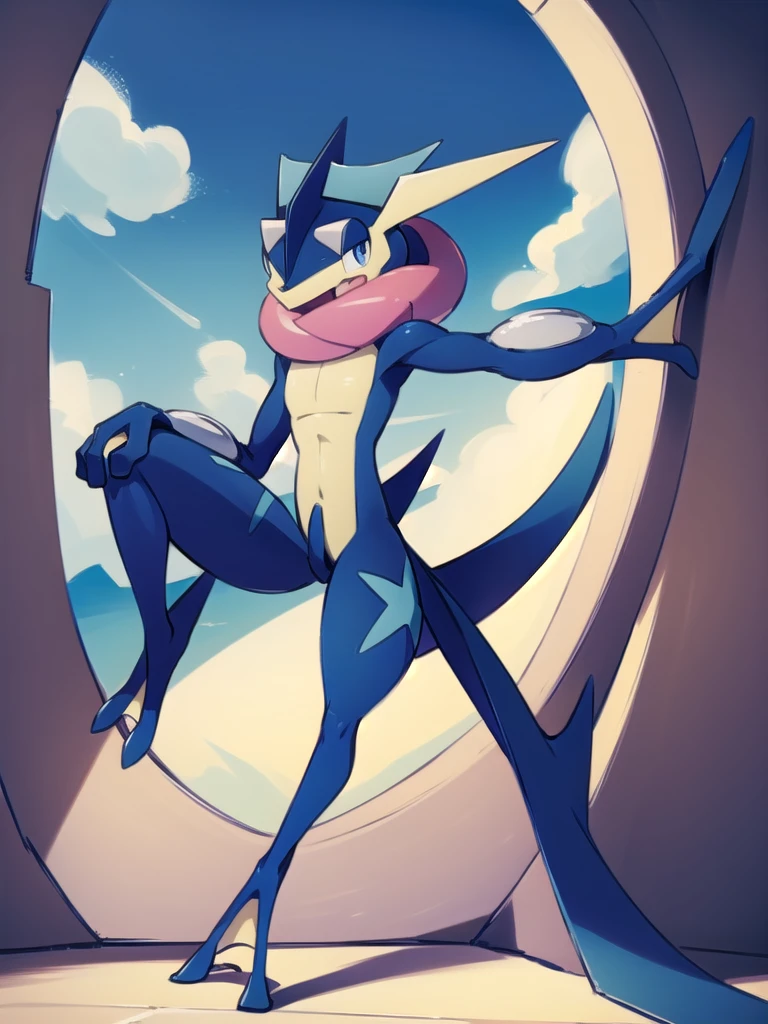 (masterpiece, best quality:1.2),solo,greninja \(pokemon\),pokemon \(creature\),full body,no humans,outstretched arms, long tongue, blue skin,looking at viewer,blue sky