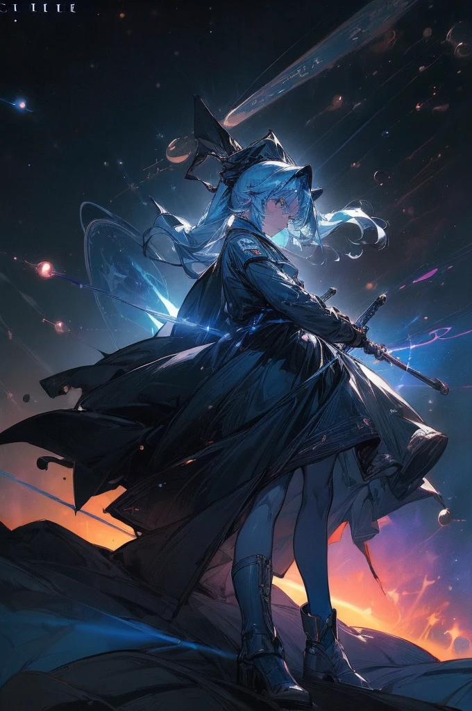 (((((((science fiction space fantasy)))))))A badass woman, an adult, (A female commander), ((a leader of a fleet of intergalactic armies)), White high ponytail with a glowing light blue highlights at the ends, Wielding a sword with deep blue aura, the mystical blade in her hand emitting a bright contrast blue light with a ray of energy, a futuristic intergalactic military uniform, Wearing Black shorts exposing the thighs, with a captain hat hat, a long simple dark boots. A masterpiece illustration, a light novel cover, best quality, best detail(Light novel illustrations), Arknights style, masterpiece, high quality, detailed.