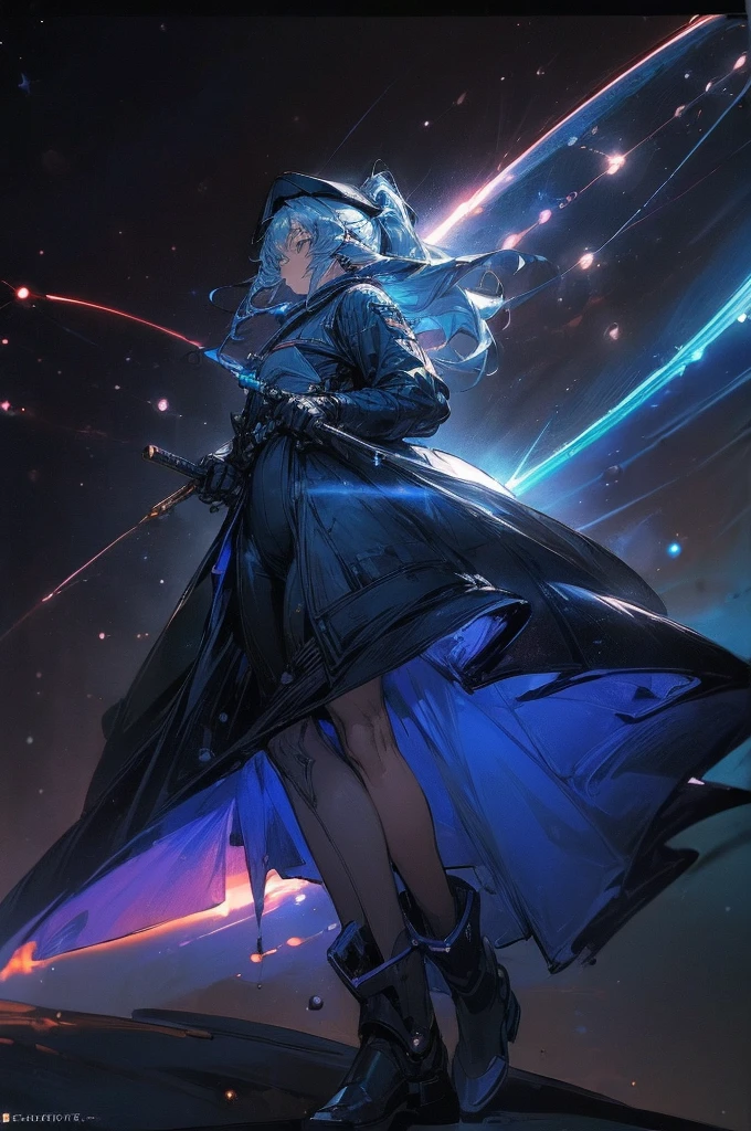 (((((((science fiction space fantasy)))))))A badass woman, an adult, (A female commander), ((a leader of a fleet of intergalactic armies)), White high ponytail with a glowing light blue highlights at the ends, Wielding a sword with deep blue aura, the mystical blade in her hand emitting a bright contrast blue light with a ray of energy, a futuristic intergalactic military uniform, Wearing Black shorts exposing the thighs, with a captain hat hat, a long simple dark boots. A masterpiece illustration, a light novel cover, best quality, best detail(Light novel illustrations), Arknights style, masterpiece, high quality, detailed.