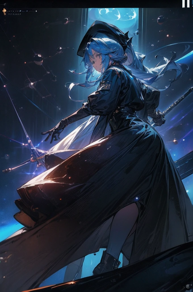 (((((((science fiction space fantasy)))))))A badass woman, an adult, (A female commander), ((a leader of a fleet of intergalactic armies)), White high ponytail with a glowing light blue highlights at the ends, Wielding a sword with deep blue aura, the mystical blade in her hand emitting a bright contrast blue light with a ray of energy, a futuristic intergalactic military uniform, Wearing Black shorts exposing the thighs, with a captain hat hat, a long simple dark boots. A masterpiece illustration, a light novel cover, best quality, best detail(Light novel illustrations), Arknights style, masterpiece, high quality, detailed.