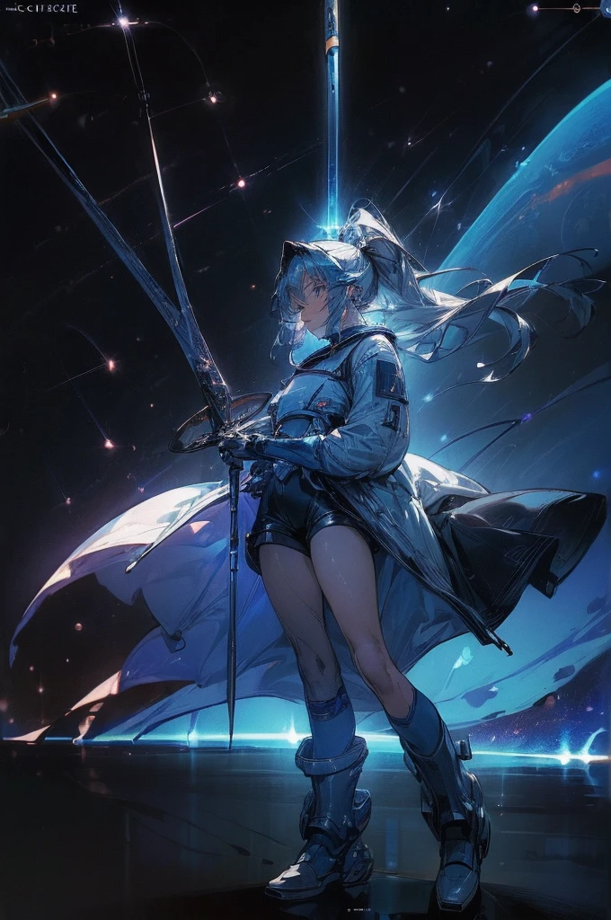 (((((((science fiction space fantasy)))))))A badass woman, an adult, (A female commander), ((a leader of a fleet of intergalactic armies)), White high ponytail with a glowing light blue highlights at the ends, Wielding a sword with deep blue aura, the mystical blade in her hand emitting a bright contrast blue light with a ray of energy, a futuristic intergalactic military uniform, Wearing Black shorts exposing the thighs, with a captain hat hat, a long simple dark boots. A masterpiece illustration, a light novel cover, best quality, best detail(Light novel illustrations), Arknights style, masterpiece, high quality, detailed.