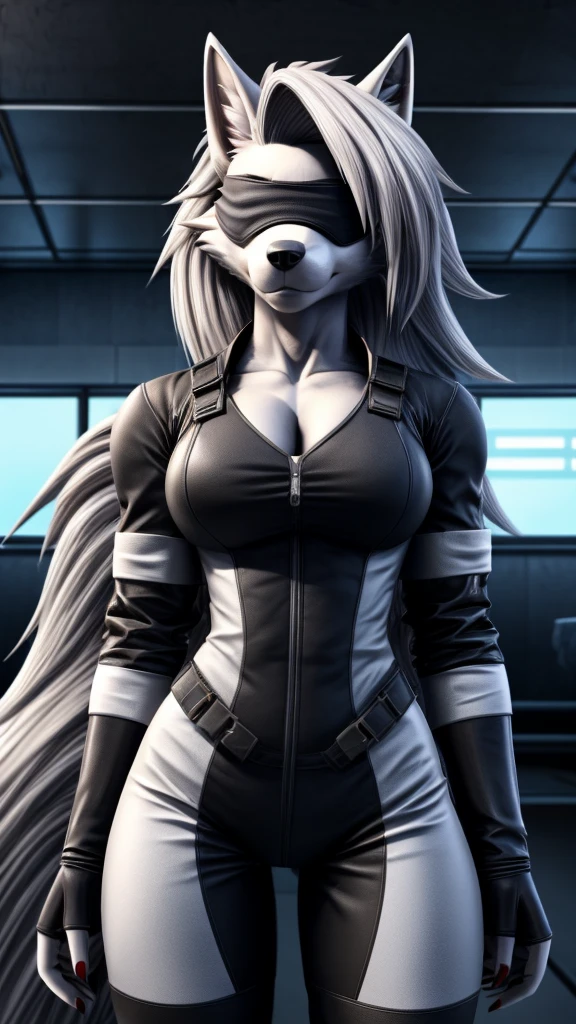 Loona from Helluva Boss, female wolf, mature adult, anthro, white hair, blindfold, white padded combat suit, muscular, standing, solo, beautiful, high quality, front view, 4K