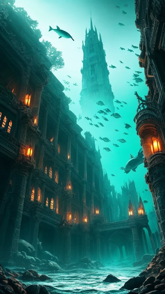 a dark and eerie looking underwater scene with a large building, underwater temple, dark city ruins, dark fantasy setting, undersea temple, underwater city, an underwater city, beautiful and mysterious, dark fantasy world, dark fantasy environment, dark fantasy atmosphere, magical environment, dark ruins landscape, beautiful with eerie vibes, futuristic ruins, ancient magical overgrown ruins