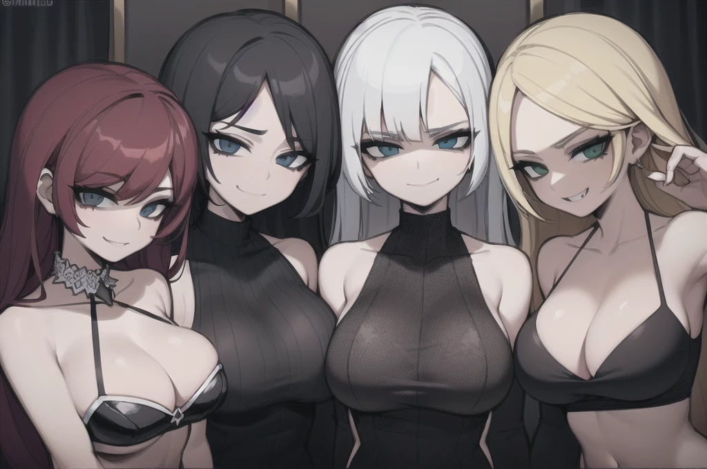 three sexy goth women who are wives of boy, looking at camera, flirtatious smiles, portrait, various hair