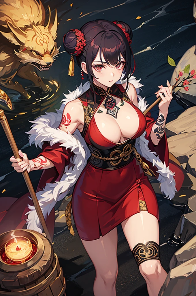 a female yakuza boss, ancient times, in acnient yakuza dress and yakuza tattoos, lush hair in bun hold up by a stick, on a battlefield. (anime art style.)