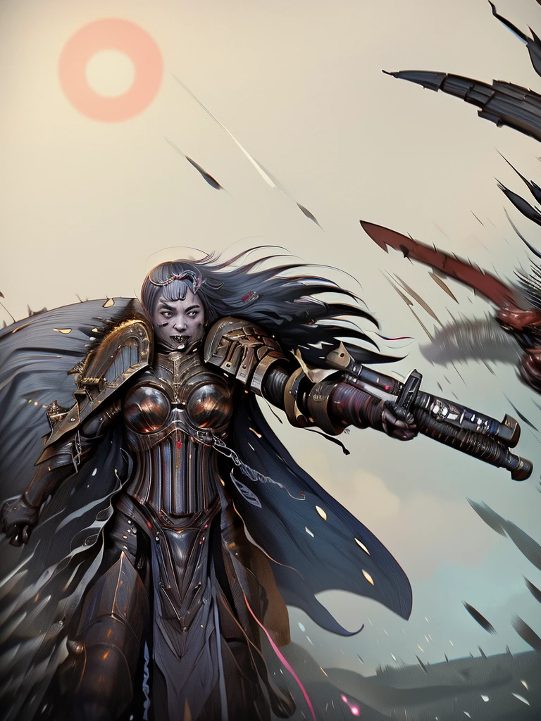 (Ultra-detailed face, Roar, shout:1.3), (Fantasy Illustration with Gothic & Ukiyo-e & Comic Art), (Full Body, A middle-aged dark elf woman with gray hair, blunt bangs, Very long disheveled hair, and dark purple skin, lavender eyes), (The Queen of War is dressed in crimson armor and a crimson velour cloak, adorned with jewels and precious metals), (The Queen of War smiles savagely, leaps up with a shout, strikes a daring pose, and thrusts both great swords forward. Flames explode from the Queen's sword's edge), BREAK (In the background, the tent of the barracks and military flags are flown, and heavily armored allied soldiers rush forward with battle cries. Smoke and dust are flying)