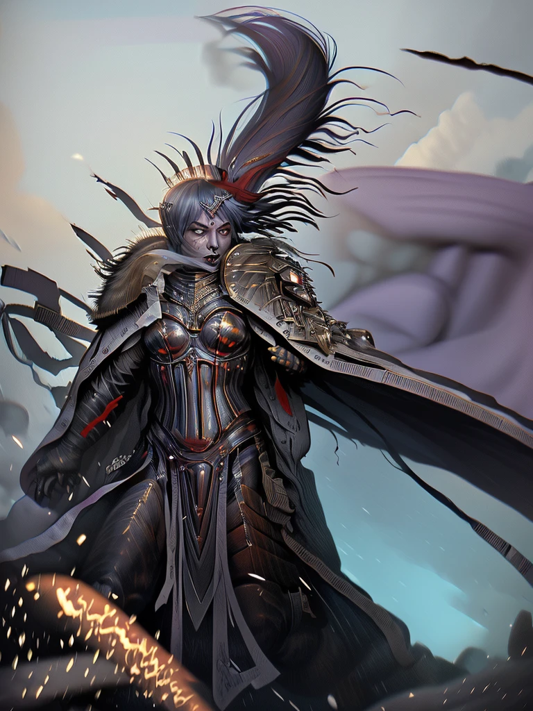 (Ultra-detailed face, Roar, shout:1.3), (Fantasy Illustration with Gothic & Ukiyo-e & Comic Art), (Full Body, A middle-aged dark elf woman with gray hair, blunt bangs, Very long disheveled hair, and dark purple skin, lavender eyes), (The Queen of War is dressed in crimson armor and a crimson velour cloak, adorned with jewels and precious metals), (The Queen of War smiles savagely, leaps up with a shout, strikes a daring pose, and thrusts both great swords forward. Flames explode from the Queen's sword's edge), BREAK (In the background, the tent of the barracks and military flags are flown, and heavily armored allied soldiers rush forward with battle cries. Smoke and dust are flying)