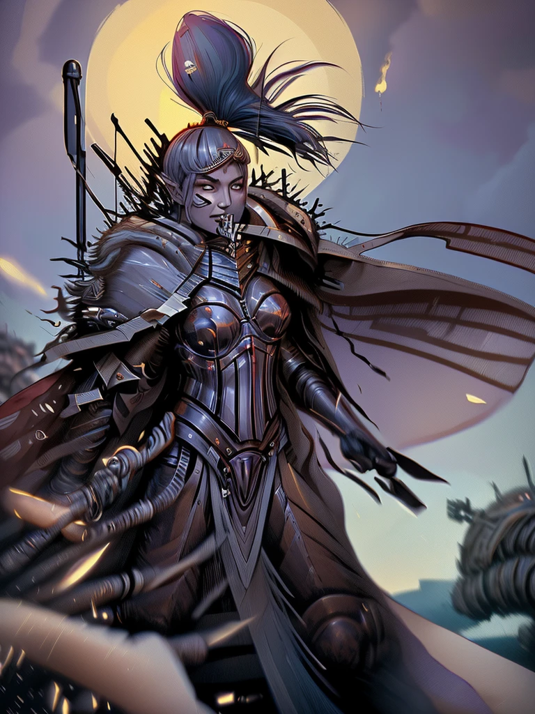 (Ultra-detailed face, Roar, shout:1.3), (Fantasy Illustration with Gothic & Ukiyo-e & Comic Art), (Full Body, A middle-aged dark elf woman with gray hair, blunt bangs, Very long disheveled hair, and dark purple skin, lavender eyes), (The Queen of War is dressed in crimson armor and a crimson velour cloak, adorned with jewels and precious metals), (The Queen of War smiles savagely, leaps up with a shout, strikes a daring pose, and thrusts both great swords forward. Flames explode from the Queen's sword's edge), BREAK (In the background, the tent of the barracks and military flags are flown, and heavily armored allied soldiers rush forward with battle cries. Smoke and dust are flying)