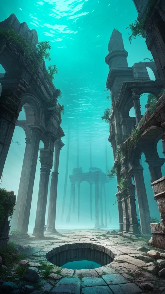 a dark and eerie looking underwater scene with a large building, underwater temple, dark city ruins, dark fantasy setting, undersea temple, underwater city, an underwater city, beautiful and mysterious, dark fantasy world, dark fantasy environment, dark fantasy atmosphere, magical environment, dark ruins landscape, beautiful with eerie vibes, futuristic ruins, ancient magical overgrown ruins