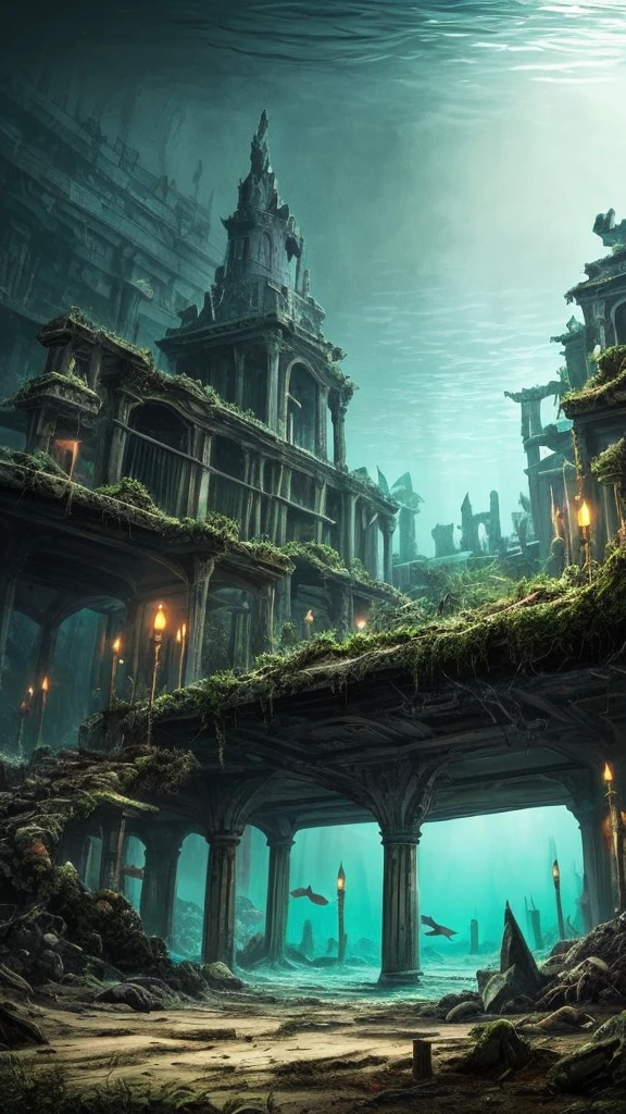 a dark and eerie looking underwater scene with a large building, underwater temple, dark city ruins, dark fantasy setting, undersea temple, underwater city, an underwater city, beautiful and mysterious, dark fantasy world, dark fantasy environment, dark fantasy atmosphere, magical environment, dark ruins landscape, beautiful with eerie vibes, futuristic ruins, ancient magical overgrown ruins