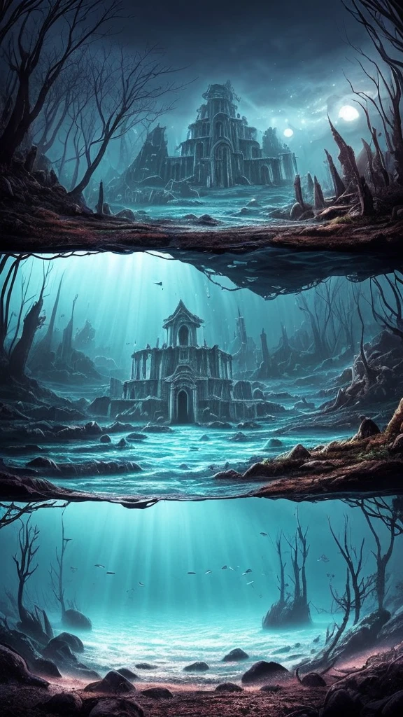 a dark and eerie looking underwater scene with a large building, underwater temple, dark city ruins, dark fantasy setting, undersea temple, underwater city, an underwater city, beautiful and mysterious, dark fantasy world, dark fantasy environment, dark fantasy atmosphere, magical environment, dark ruins landscape, beautiful with eerie vibes, futuristic ruins, ancient magical overgrown ruins