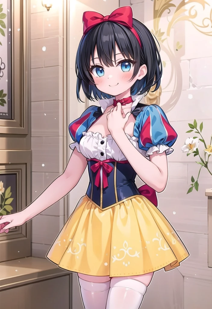 1girl, masterpiece, best quality, perfect hands, black hair, short hair, snow white, detailed dress, red bow, yellow skirt, tight blue corset, yellow dress, puffy short sleeves, blue eyes, white thighhighs, smile, fluffy hair, blush