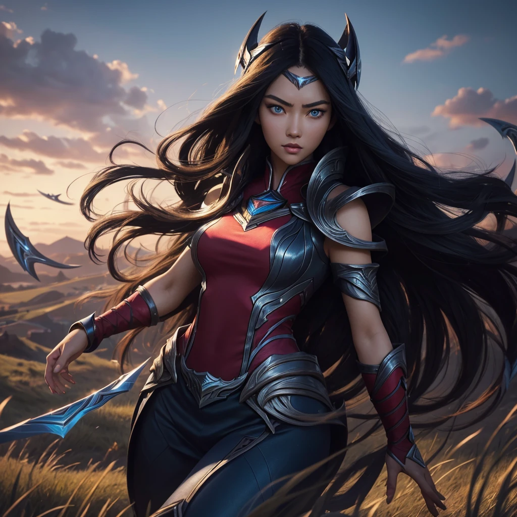 irelia from league of legends, a beautiful 24 years old woman, asian girl, dark blue long hair, blue eyes, fit body, she controls blades in the air, serious face, detailed photograph, 8k, uhd, high quality photo, bright day, grassland background, sexy girl, perfect body, perfect face, very big eyes, detailed face, detailed hands, detailed eyes, high detailed photograph, 16k, perfect woman face