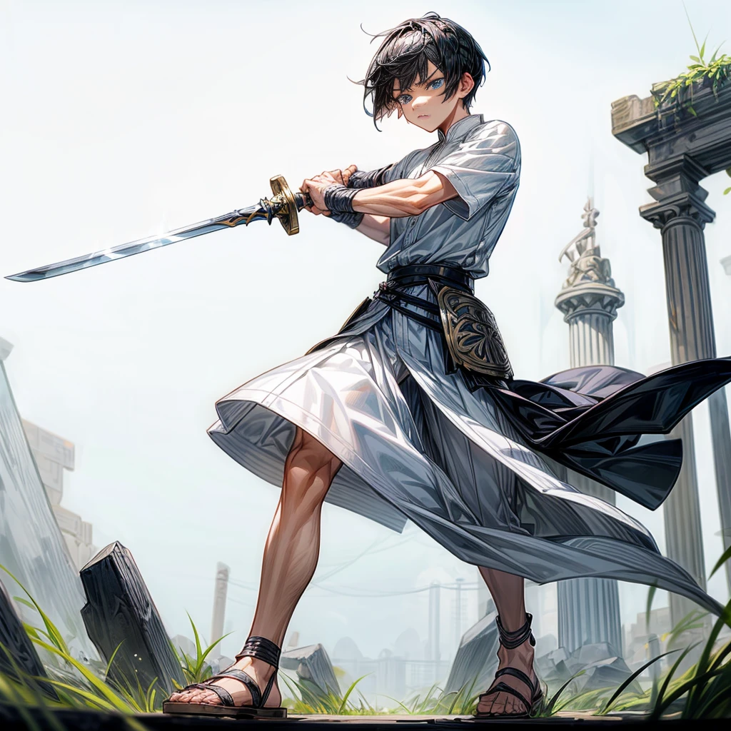 1boys, Full body version, blue eyes, undercut hair, black colour hair, very angry expression, white tunic Ancient Roman clothing, short sleeve shirt, gladiator skirt, gladiator armor, gladiator sandals, Spatha sword in hand, war gesture, Grassroots background 